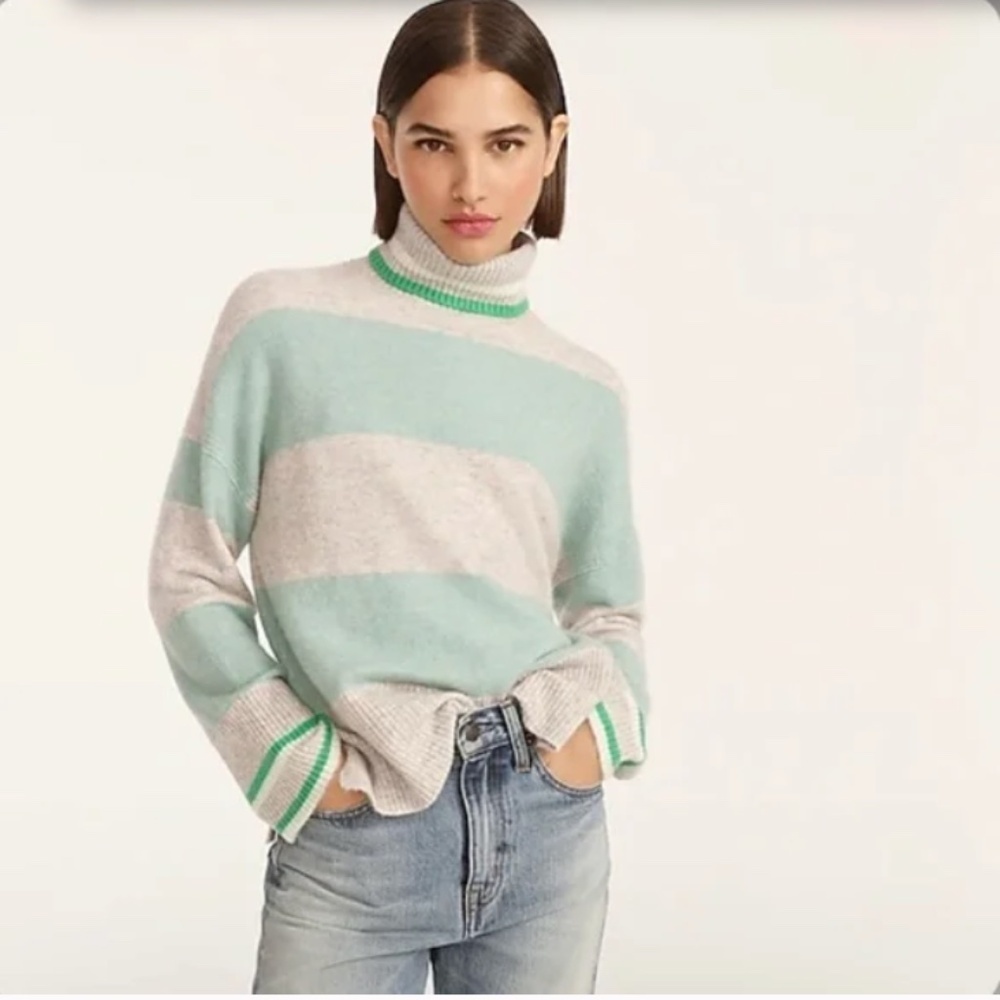 J Crew Turtleneck Sweater Supersoft Yarn L Stripe Wool Alpaca Bell Sleeve Preppy